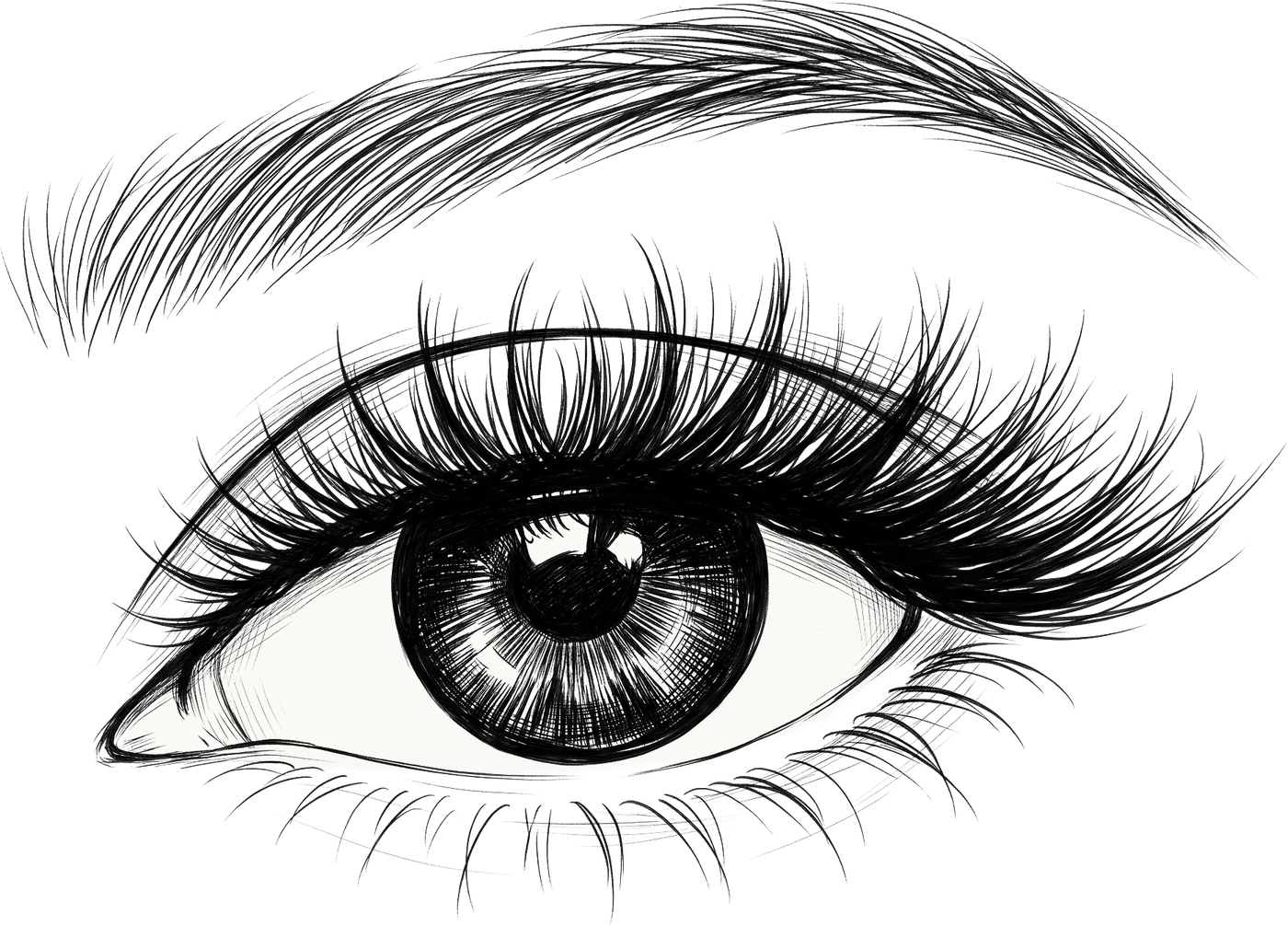 Large ink sketch of an eye with lash extensions