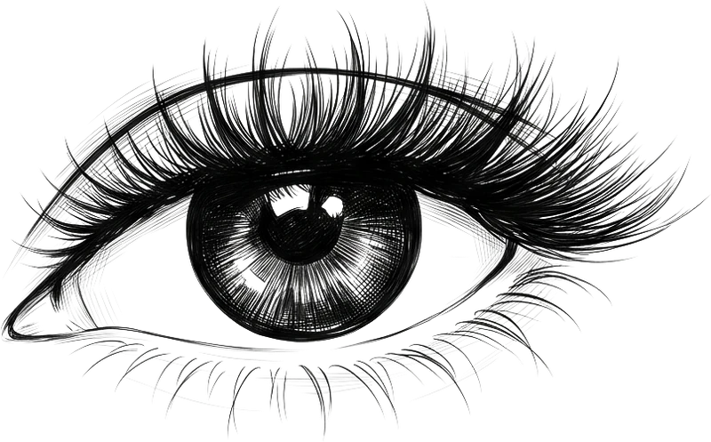 Ink sketch of an eye with hybrid lash extensions